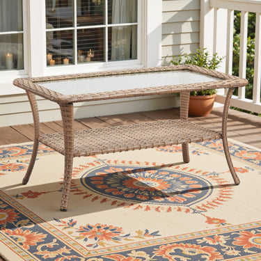 Belord outdoor wicker coffee table with glass top and storage shelf, part of the NTC patio conversation set.