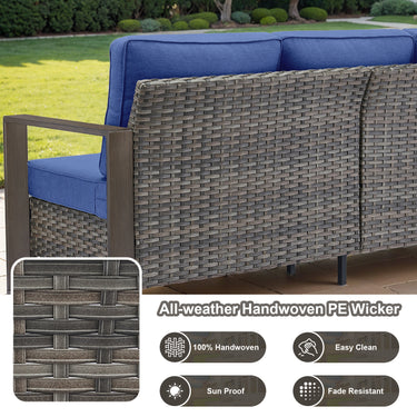 Belord deep-seat wicker patio sofa with wood grain frame, spacious 3-person outdoor conversation set from HOP Series.