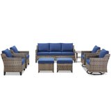 Belord 8-piece modular patio conversation set with sofa, swivel chairs, ottomans, and side table for outdoor lounging.