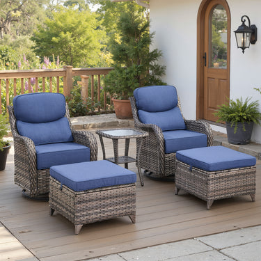 Belord 5-piece patio swivel glider set with ottomans and side table, featuring cushioned seats for outdoor conversation comfort.