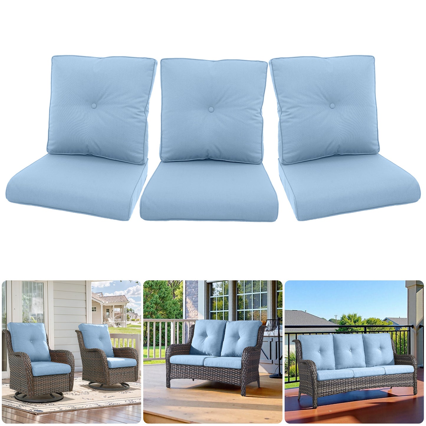 Outdoor Furniture Cushions with Removable Covers - Set of 6 (3 Seat & 3 Back) 22x24x4 Inch Patio Pillows