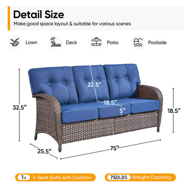 Belord 3-seater T-back patio sofa with 5-inch thick high-density cushions, part of the T Series, outdoor conversation set.