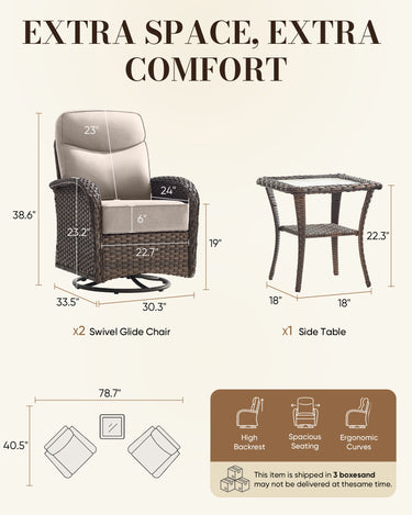 Belord outdoor swivel glider patio chairs with thick cushions and side table, part of the luxury wicker conversation set.