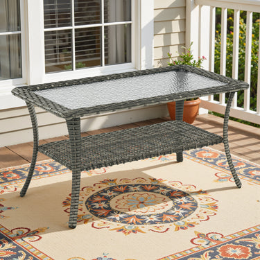 Belord outdoor wicker coffee table with glass top and storage shelf, part of NTC series patio conversation sets.