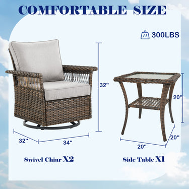 Set of three Belord wicker swivel patio chairs with cushions and side table, SS Series outdoor furniture for relaxing outdoor spaces.