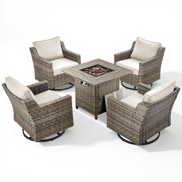 Belord 5-piece patio fire table set with four swivel chairs around a central fire pit table, outdoor furniture for patio gatherings.