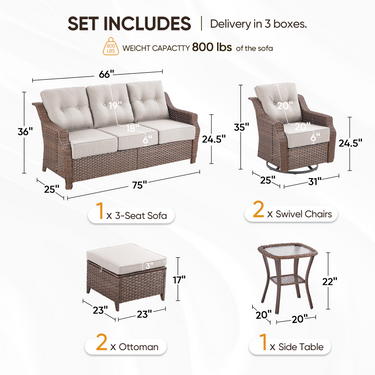 Belord 6-piece wicker swivel glider patio set with sofa and ottoman from the Ovono Series, ideal for outdoor conversation and relaxation.