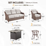 Belord 5-piece wicker swivel glider and sofa patio fire pit set from the Ovolo Series, featuring outdoor seating and fire table.