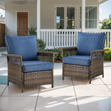 Set of two Belord outdoor wicker patio chairs with 5-inch wide armrests, stainless steel frame, perfect for outdoor seating.