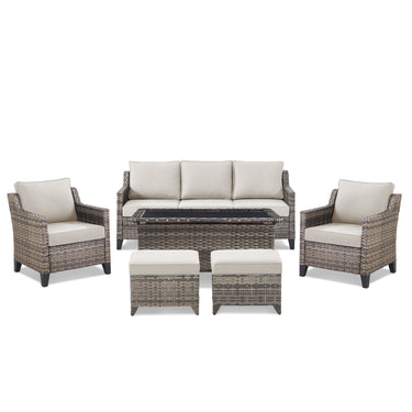 Belord 6-piece outdoor lounge set with hand-woven wicker sofa, patio chairs, coffee table, ottomans, and cushions for patio relaxation