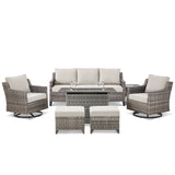 Belord 7-piece fire pit patio set with sofa, swivel chairs, ottomans, and side table for outdoor seating and warmth.