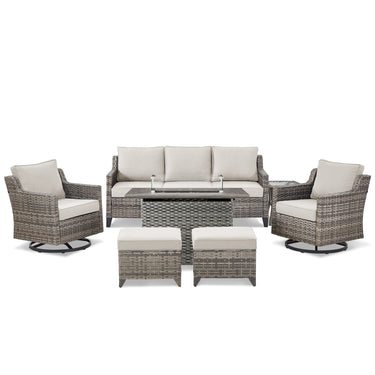 Belord 7-piece fire pit patio set with sofa, swivel chairs, ottomans, and side table for outdoor seating and warmth.