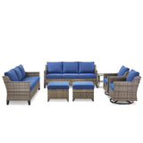 Belord 7-piece patio conversation set with sofas, two swivel chairs, two ottomans, and side table for outdoor relaxation.
