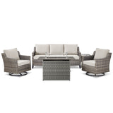 Belord 5-piece outdoor patio furniture set with wicker sofa, two swivel chairs, gray fire pit, and side table.