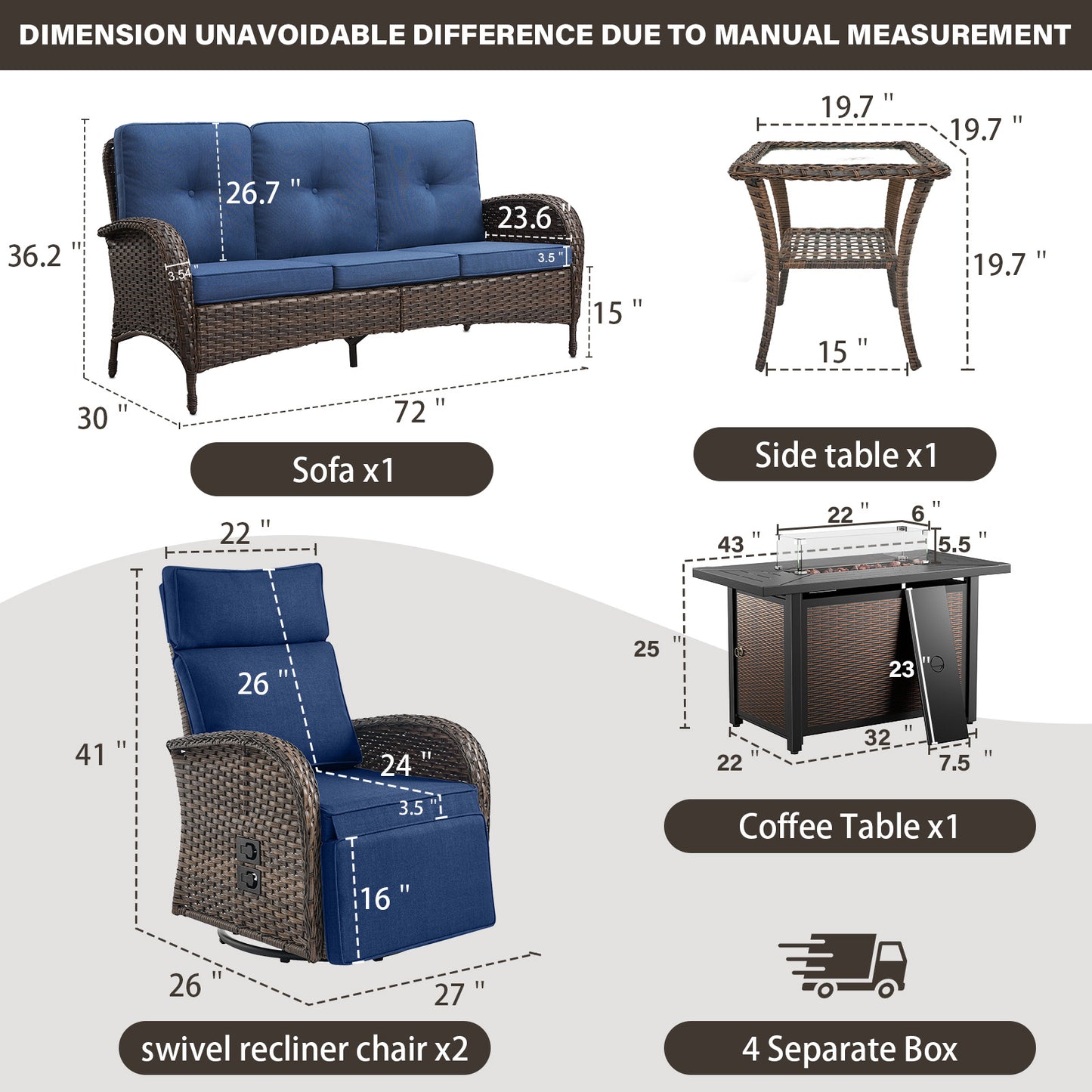 NDS Series 5-Piece Premium Outdoor Set: 2 Swivel Recliners + 1 Sofa & 43" Propane Fire Table with Side Table