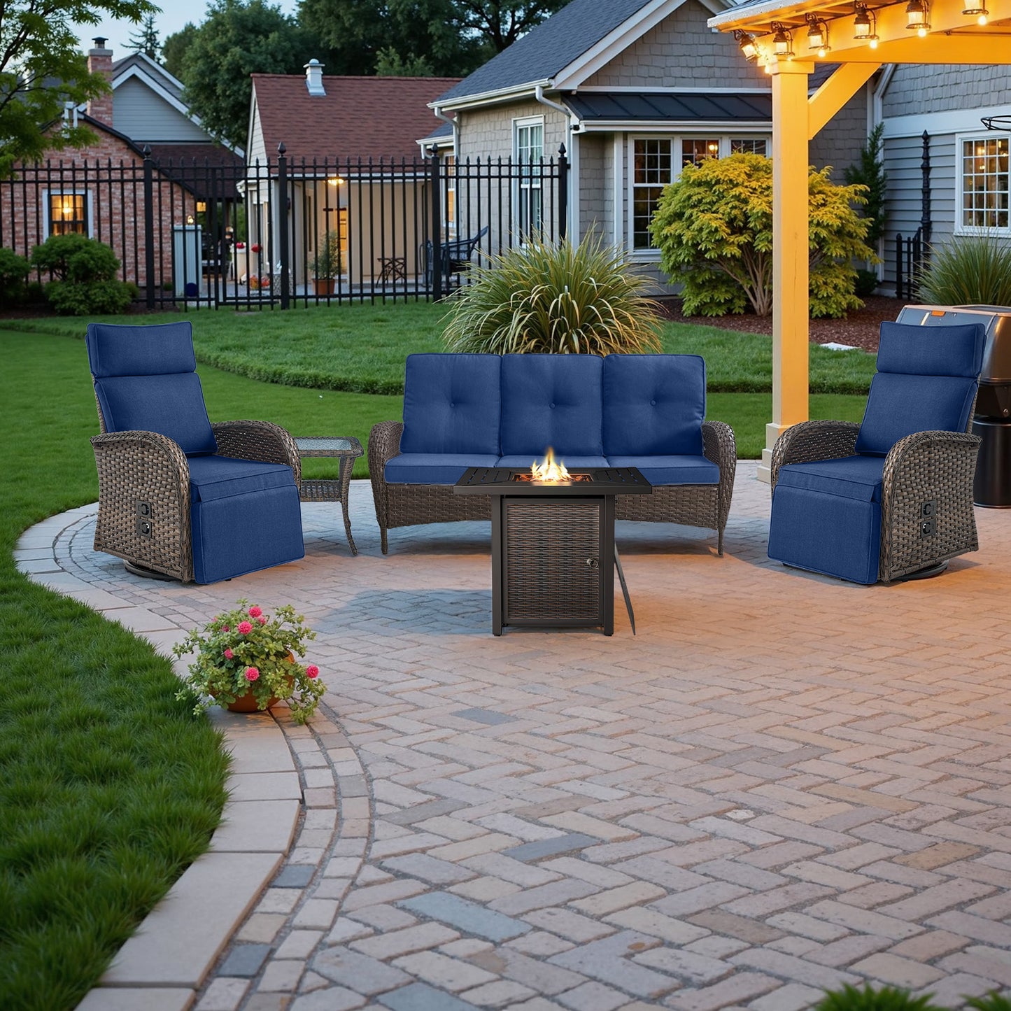5-Piece Outdoor Set: PE Wicker Swivel Recliners + Sofa & 30" Propane Fire Table - NDS Series
