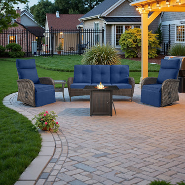 5-Piece Outdoor Set: PE Wicker Swivel Recliners + Sofa & 30 Inch Propane Fire Table - NDS Series - Belord