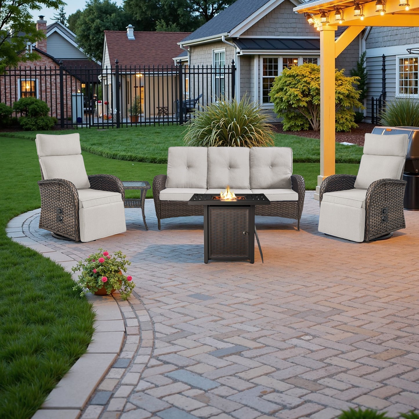 5-Piece Outdoor Set: PE Wicker Swivel Recliners + Sofa & 30" Propane Fire Table - NDS Series