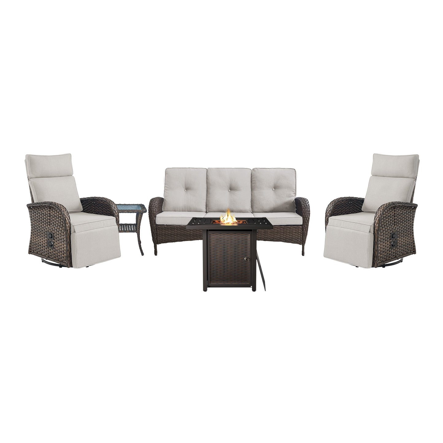 5-Piece Outdoor Set: PE Wicker Swivel Recliners + Sofa & 30" Propane Fire Table - NDS Series