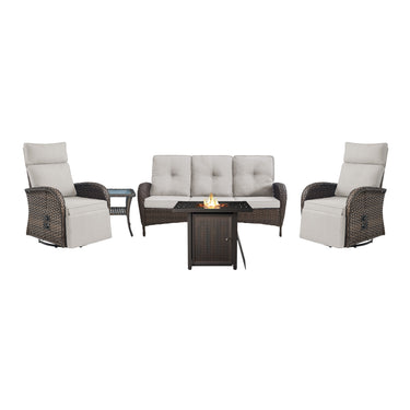 5-Piece Outdoor Set: PE Wicker Swivel Recliners + Sofa & 30 Inch Propane Fire Table - NDS Series - Belord