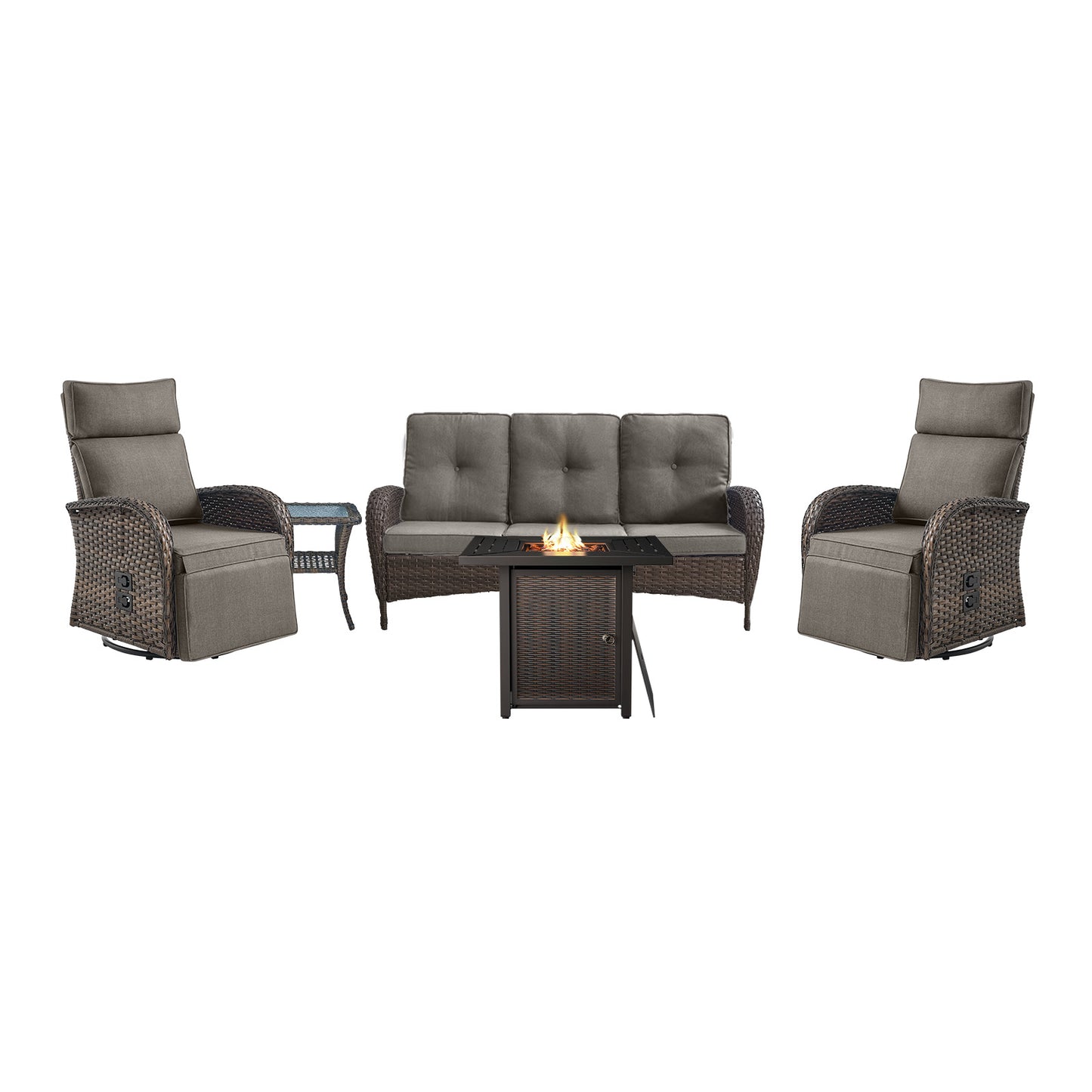 5-Piece Outdoor Set: PE Wicker Swivel Recliners + Sofa & 30" Propane Fire Table - NDS Series