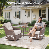 Belord 6-piece wicker swivel glider patio set with sofa and ottoman from the OVOLO Series, featuring woven wicker and plush cushions.