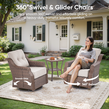 Belord 6-piece wicker swivel glider patio set with sofa and ottoman from the OVOLO Series, featuring woven wicker and plush cushions.