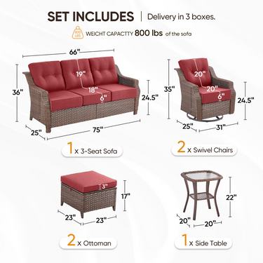Belord 6-piece wicker patio conversation set with swivel glider sofa and ottoman from the OVOL Series, outdoor furniture for patio relaxation.