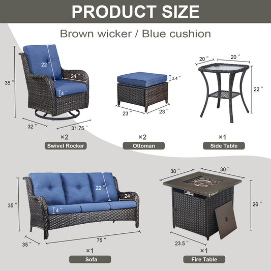 Patio Conversation Set 7-Piece with Fire Pit Table, Swivel Glider Chairs, Patio Chairs, Sofa and Side Table, NTC Series