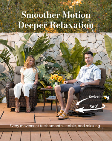 Belord outdoor swivel glider patio chairs with thick cushions and side table in wicker set, perfect for outdoor conversation.