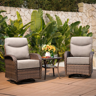 Belord outdoor swivel glider patio chairs with cushioned wicker seats and side table, perfect for luxurious outdoor conversation sets