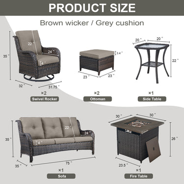 Patio Conversation Set 7-Piece with Fire Pit Table, Swivel Glider Chairs, Patio Chairs, Sofa and Side Table, NTC Series - Belord