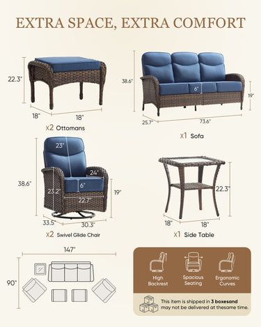 Belord 6-piece patio lounge set with sofa, swivel rockers, ottomans, and deep cushions for outdoor relaxation.