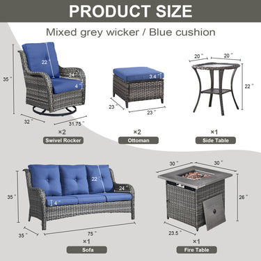 Patio Conversation Set 7-Piece with Fire Pit Table, Swivel Glider Chairs, Patio Chairs, Sofa and Side Table, NTC Series - Belord