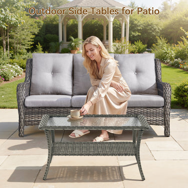 Belord outdoor wicker coffee table with glass top and storage shelf, ideal for patio conversation sets.