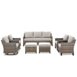 Belord 7-piece patio conversation set with wicker swivel chairs, sofas, and ottomans for outdoor lounging and entertaining.