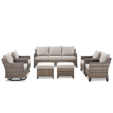 Belord 7-piece patio conversation set with wicker swivel chairs, sofas, and ottomans for outdoor lounging and entertaining.