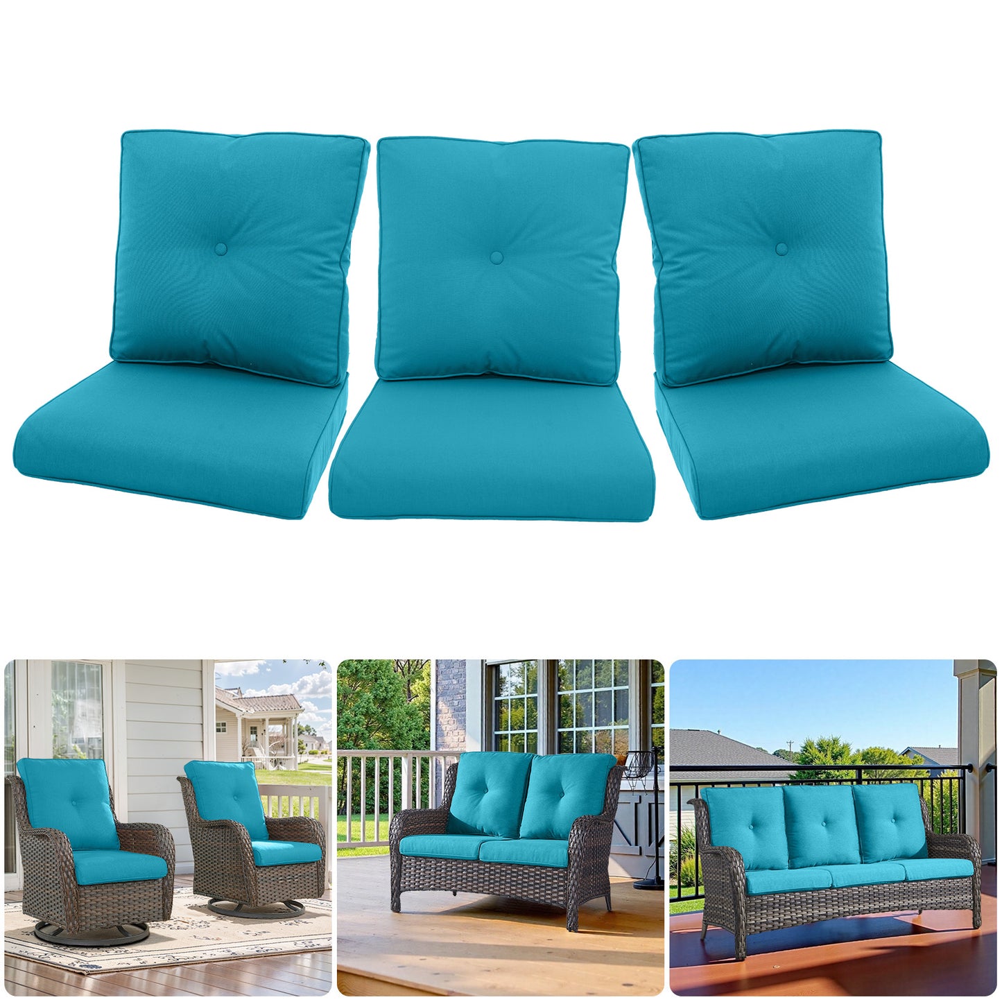 Outdoor Furniture Cushions with Removable Covers - Set of 6 (3 Seat & 3 Back) 22x24x4 Inch Patio Pillows