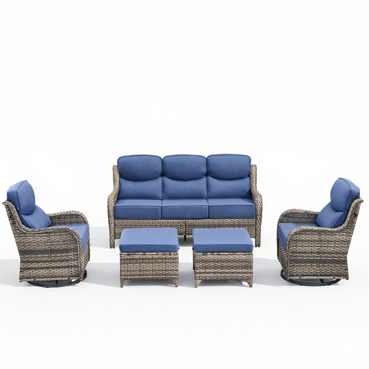 5PCS Outdoor Lounge Set for Patio & Deck, Rattan Sofa, Swivel Chairs and Ottomans with High-Back Comfort, NT Series