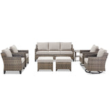 Belord 8-piece modular patio set with sofa, swivel chairs, ottomans, and side table for outdoor conversation and relaxation.