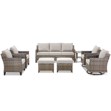 Belord 8-piece modular patio set with sofa, swivel chairs, ottomans, and side table for outdoor conversation and relaxation.