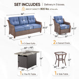 Belord 5-piece wicker swivel glider and sofa patio fire table set from the Ovolo Series, includes fire pit table and outdoor seating.