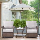 Set of three Belord wicker patio swivel glider chairs with side table, SS Series, featuring woven wicker design and comfortable cushions.