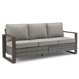 Belord deep-seat wicker patio sofa with wood grain frame, spacious 3-person design from the HOP Series, perfect for outdoor lounging.