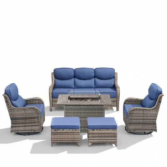 6PCS Backyard Fire Pit Lounge Set for Summer Nights, Rattan Sofa, Swivel Chairs, Ottomans & Wind-Guard Fire Table, NT Series