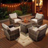 Belord FG Series 5-piece patio fire table set with four swivel chairs and a fire pit table, ideal for outdoor entertaining.