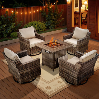 Belord FG Series 5-piece patio fire table set with four swivel chairs and a fire pit table, ideal for outdoor entertaining.