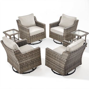 Belord 6-piece patio conversation set with four swivel rocker chairs and two side tables, all-weather PE rattan for outdoor use.