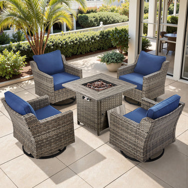 Belord 5-piece patio fire table set with four swivel chairs and fire pit table for outdoor entertaining and relaxation.
