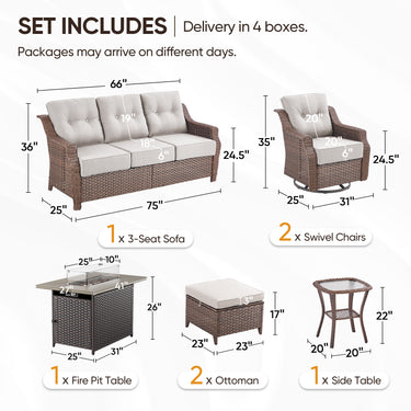 Belord 7-piece wicker patio fire table set with swivel glider sofa and fire pit table, part of the OVOL Series.